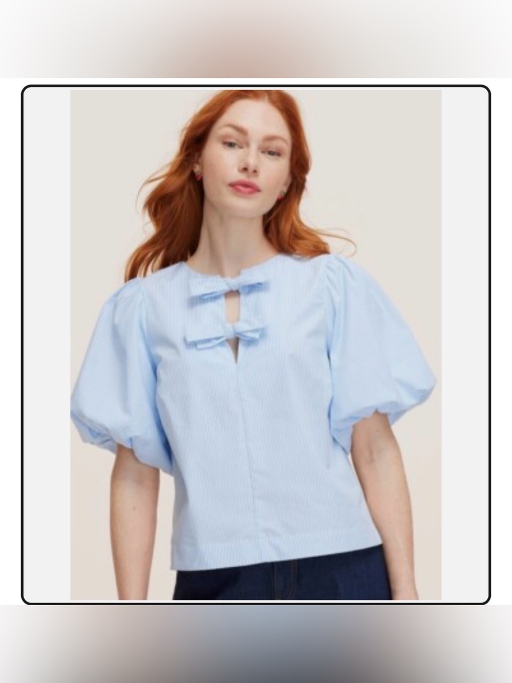 Kate Spade + Target Blue/White Striped Puff-Sleeve Bow-Tie Neck Top, Med